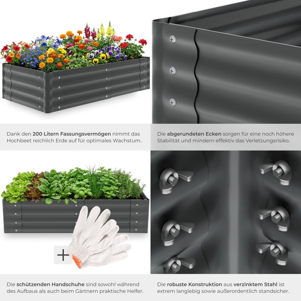 Hochbeet aus verzinktem Stahl mit Pflanzen und Gartenhandschuhen