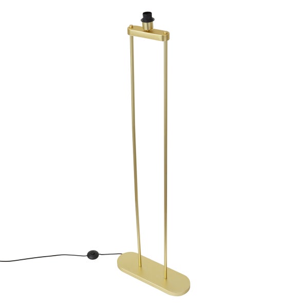 Moderne Stehleuchten-Basis in Gold-Optik mit zwei schmalen Stangen, ovalem Fuß und schwarzer E27 Fassung.