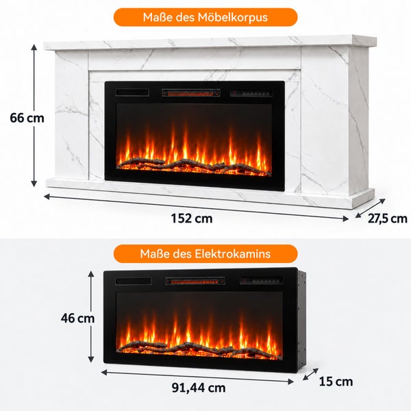 Elektrokamin mit Kaminumbau in Marmoroptik und Maßangaben für den Korpus und den Kamineinsatz.