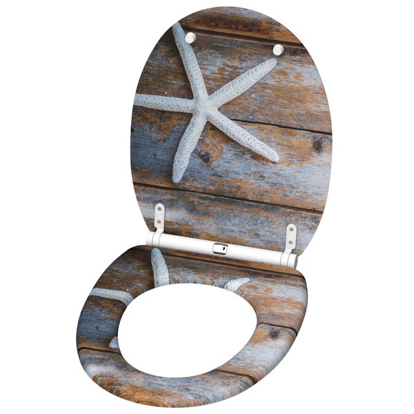 Toilettensitz mit maritimem Motiv von Seesternen auf einer Holzoptik mit Absenkautomatik