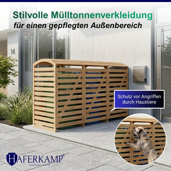 Haferkamp Mülltonnenbox aus Holz für drei Mülltonnen im Außenbereich vor einem Haus, schützt vor Tieren.