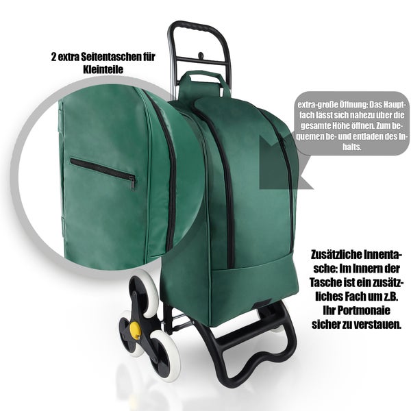 BigDean Einkaufstrolley mit Treppensteiger-Funktion, Kühlfach & 6 großen Rädern - 40L faltbar grün - Einkaufswagen Einkaufsroller Kühltasche Einkaufstasche Treppensteiger