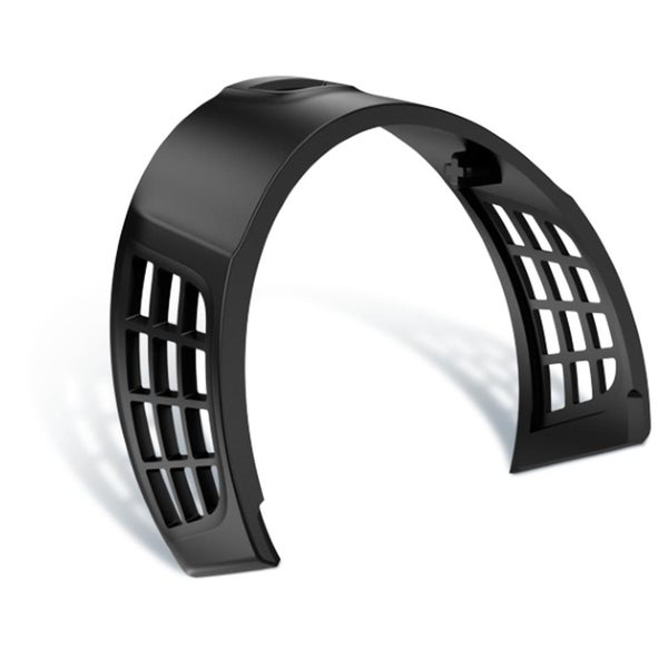 Gekrümmte Schutzabdeckung aus schwarzem Kunststoff mit Lüftungsgittern an beiden Seiten.