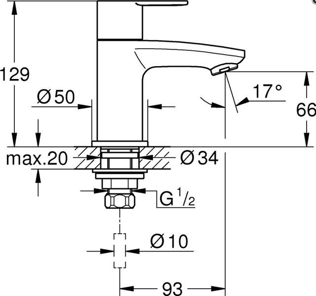 Technische Zeichnung einer Waschtischarmatur mit Maßangaben in Millimetern.