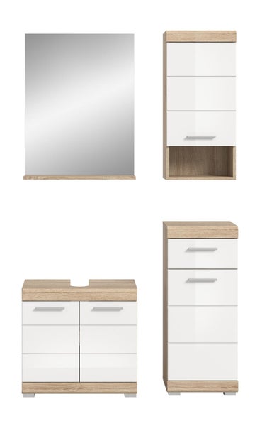 Badezimmermöbel-Set: Spiegel mit Ablage, Waschbeckenunterschrank, Hängeschrank und Hochschrank in Eiche-Optik und Weiß.