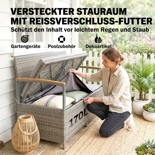 Graue Polyrattan-Gartenbank mit 170 Litern Stauraum und Reißverschluss-Futter zum Schutz vor Regen und Staub.
