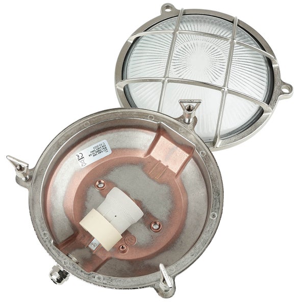 Geöffnete runde Wandleuchte mit Schutzgitter