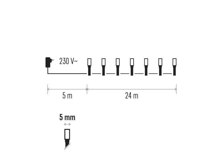 Technische Zeichnung einer Lichterkette mit 230 Volt Anschluss, 5 Meter Zuleitung und 24 Meter Leuchtlänge sowie 5 Millimeter Lampendurchmesser