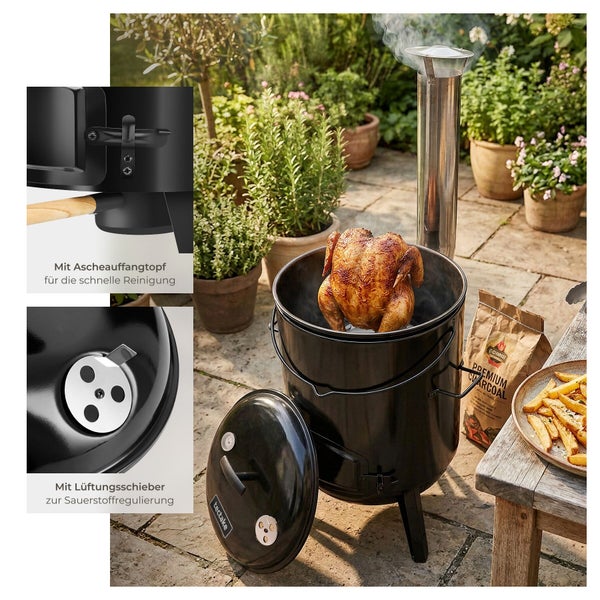 Tectake Räucherofen und Grill für Garten mit Deckel, Ascheauffangtopf, Lüftungsschieber und Kamin zur Zubereitung von Geflügel und Grillgut.