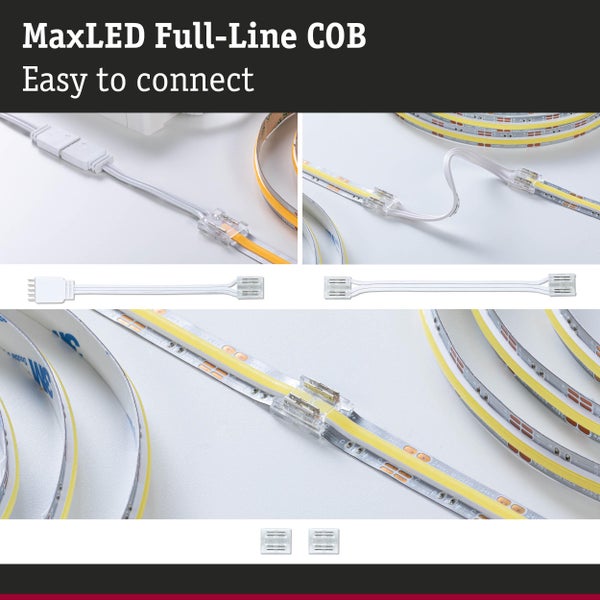 MaxLED Full-Line COB LED Streifen mit verschiedenen Steckverbindern und Kabeln für eine einfache Montage.