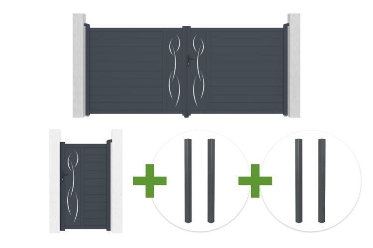 Aluminium Doppeltor und Gartentor Set in Anthrazit mit Ziermustern und passenden Torpfosten.