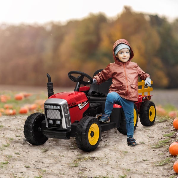 HOMCOM Elektrischer Traktor mit Anhänger, Fernbedienung, MP3 Funktion, Scheinwerfer, 3-6KM/H, für 3-6 Jahre Kinder, 136,5L x 50B x 52,5H cm, Kunststoff, Metall, Rot