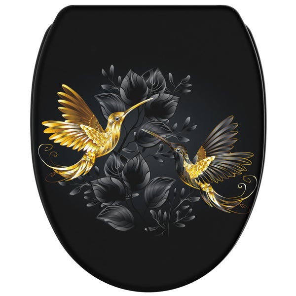 Toilettensitz mit Motiv von zwei Kolibris und Blättern in goldener Ausführung auf schwarzem Untergrund.