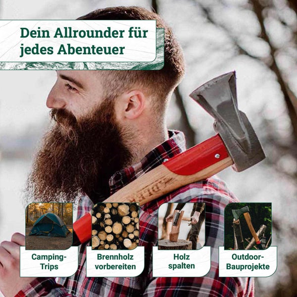 Ein Mann mit Bart trägt eine Spaltaxt auf der Schulter. Symbole zeigen Einsatzmöglichkeiten wie Camping, Brennholz, Holz spalten und Bauprojekte.