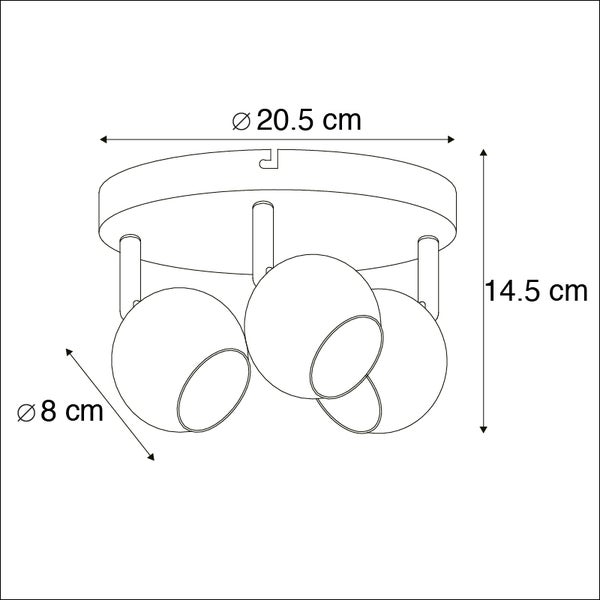 Technische Zeichnung einer Deckenleuchte mit drei Strahlern und Maßangaben