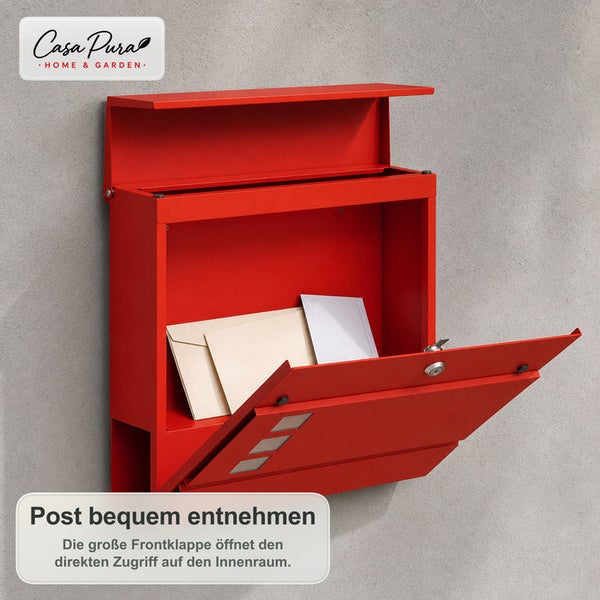 Wandbriefkasten von Casa Pura mit großer Frontklappe zur bequemen Postentnahme inklusive Briefschlitz und Schloss.