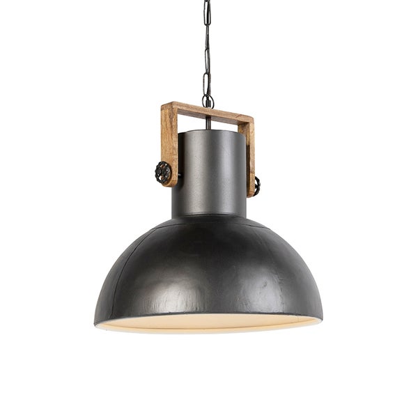 Moderne Hängeleuchte im Industriedesign mit großem Metallschirm und Holzelementen an einer Kette