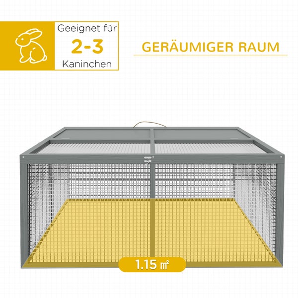 PawHut Kaninchenstall für Zwergkaninchen aus Holz, Klappbar Kleintierstall mit Freilaufgehege, Zwergkaninchenstall mit aufklappbarem Dach Griff für Meerschweinchen, Grau, 110 x 105 x 50 cm