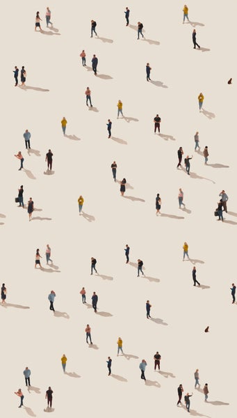 Draufsicht auf zahlreiche Miniaturfiguren in verschiedenen Positionen mit Schattenwurf.