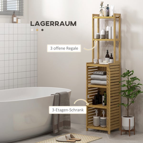HOMCOM Badezimmerschrank aus Bambus Badschrank mit Schrankfach, Toilettenschrank mit 3 Offen Fächern, Kippschutz, für Bad, Naturholz, 38,5 x 33 x 170 cm