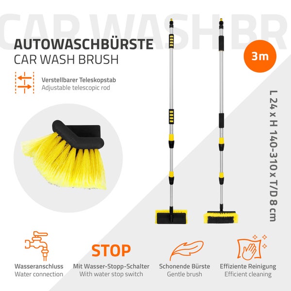 ECD Germany Autowaschbürste mit Teleskopstiel von 130-300 cm ausziehbar, mit An/Aus Schalter, weiche Borsten, Aluminium Auto Waschbürste für Wohnmobil Lkw Kfz Boot, Reinigungsbürste mit langer Griff