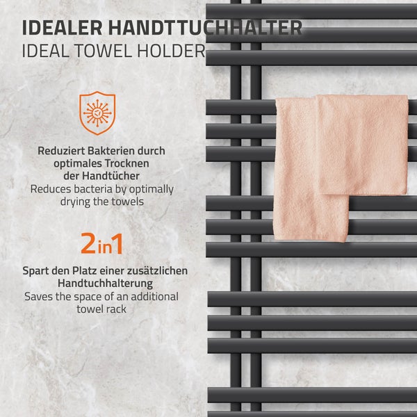 ECD Germany Iron EM Design Badheizkörper Elektrisch mit Heizstab 1200 W - 500 x 1200 mm - Anthrazit - Designheizkörper Paneelheizkörper Heizkörper Handtuchwärmer Handtuchtrockner