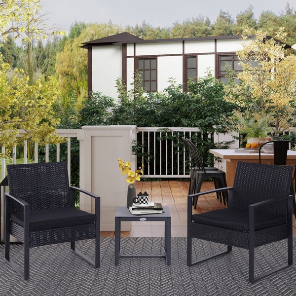Outsunny 3-tlg. Gartenmöbel-Set, 63L x 57B x 76H cm, PE Polyrattan, Metall, Polyester, schwarz