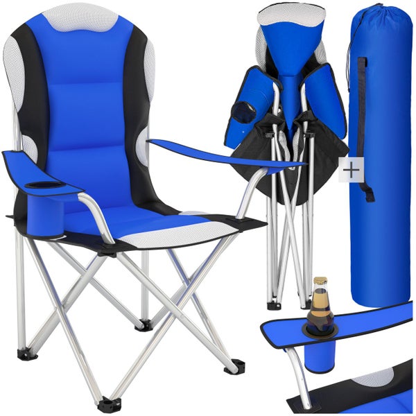 Blauer Campingstuhl mit Getränkehalter, zusammengeklappter Stuhl und Tragetasche