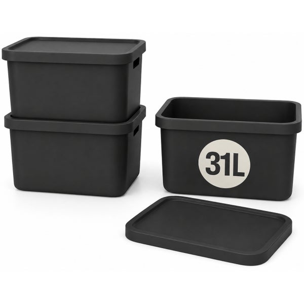 Set aus drei Kunststoff Aufbewahrungsboxen mit Deckel und einem Volumen von je 31 Litern zur organisierten Lagerung.