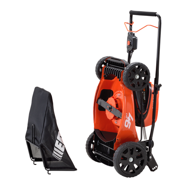 Zusammengeklappter Rasenmäher mit Fangkorb