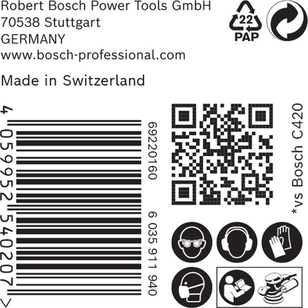 Informationen zu Robert Bosch Power Tools, Barcode, Recyclinghinweis, QR Code und Symbole für Augenschutz, Gehörschutz, Handschutz und Atemschutz.