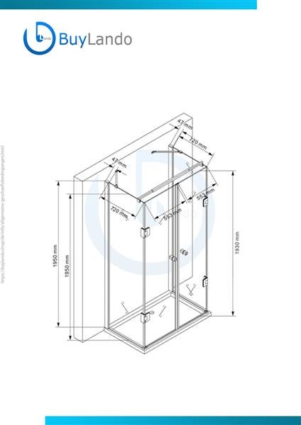Technische Zeichnung einer Duschkabine mit Maßangaben