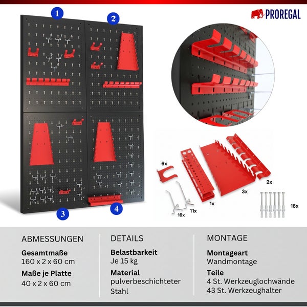 Vierteilige Werkzeuglochwand aus Stahl mit 43 Haltern für Wandmontage, Gesamtmaße 160 mal 2 mal 60 Zentimeter, Proregal Logo.
