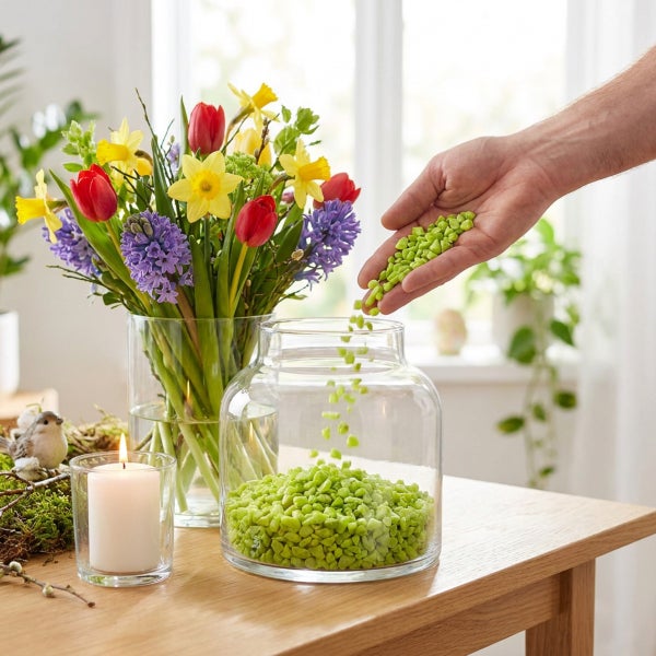 Hand füllt Dekosteine in ein großes Glasgefäß auf einem Tisch mit Frühlingsblumen und einer Kerze.