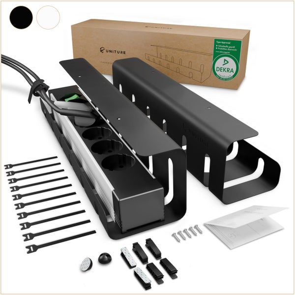 Uniture Kabelmanagement-Set mit zwei schwarzen Metall-Kabelkanälen, Mehrfachsteckdose, Zubehör, Uniture Logo und geprüfter Sicherheit.