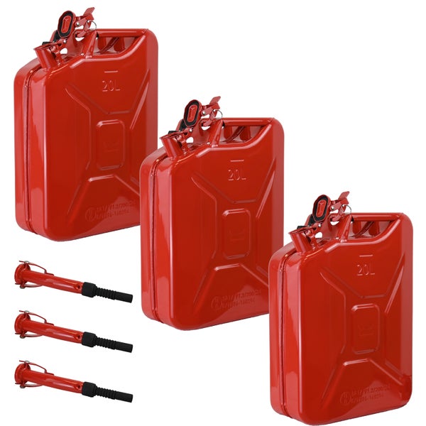Drei Metallkraftstoffkanister mit je 20 Liter Fassungsvermögen und drei passenden Einfüllstutzen für Kraftstoffe.