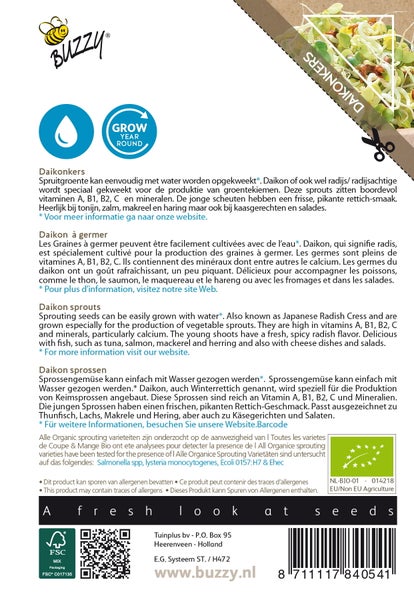 Buzzy Logo. Daikonsprossen können einfach mit Wasser gezogen werden. FSC-Mix Verpackung.