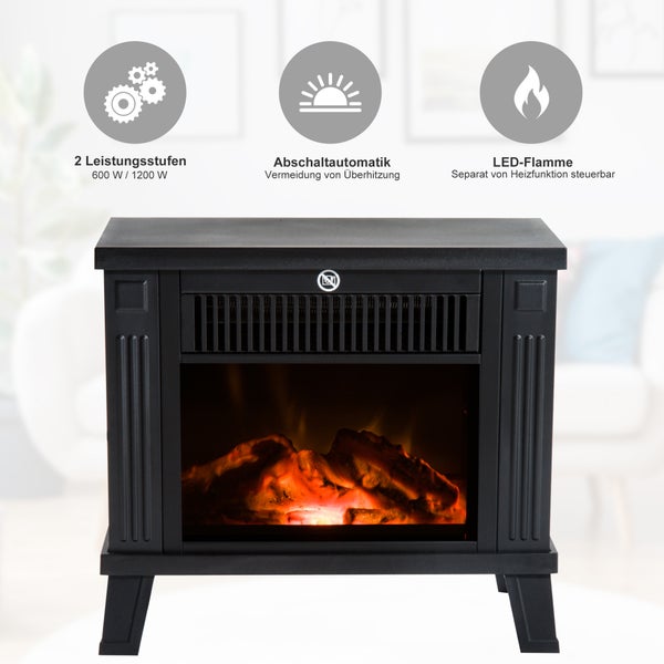 HOMCOM Elektrokamin mit Flammeneffekt, Feuer, 600/1200W, 34 x 17 x31 cm, Metall, Schwarz