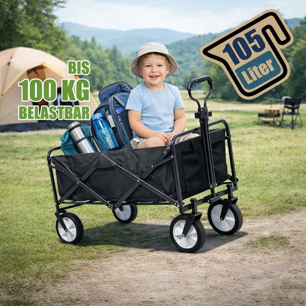 Ein zusammenklappbarer Bollerwagen mit einer Tragkraft von 100 Kilogramm und 105 Litern Fassungsvermögen für Camping und Freizeit.
