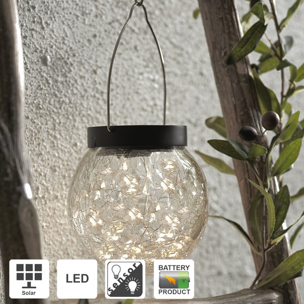 Solarleuchte mit LED-Lichtern in einem Glasgefäß mit Tragegriff