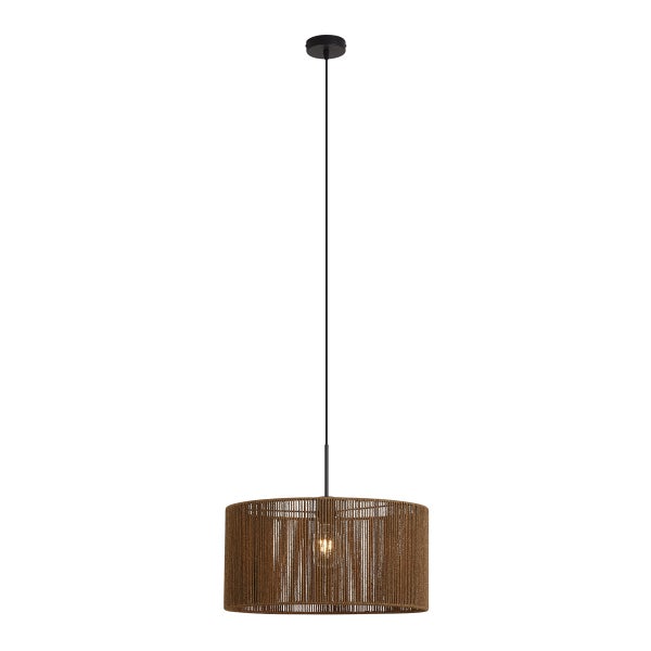 Moderne Pendelleuchte mit zylindrischem Lampenschirm aus gewickeltem Seil und einer einzelnen Lichtquelle