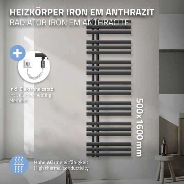 ECD Germany Iron EM Design Badheizkörper Elektrisch mit Heizstab 900 W - 500 x 1600 mm - Anthrazit - Designheizkörper Paneelheizkörper Heizkörper Handtuchwärmer Handtuchtrockner