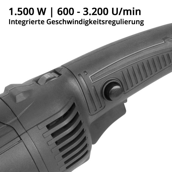 Detailaufnahme einer Schleifmaschine mit 1500 Watt Leistung und einer Drehzahl von 600 bis 3200 Umdrehungen pro Minute mit integrierter Geschwindigkeitsregulierung.