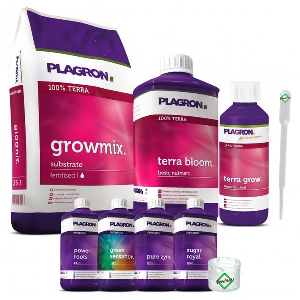 Plagron Set für Pflanzenzucht: Growmix Substrat, Terra Bloom und Terra Grow Dünger, Additive Power Roots, Green Sensation, Pure Zym und Sugar Royal.