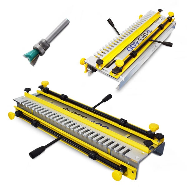 Zinkenfräsgerät BFS-600 mit Zinkenfräser, Metallführung und verstellbaren Klemmhebeln für präzise Holzverbindungen.