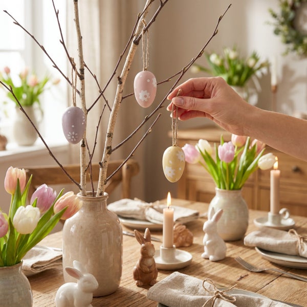 Hand dekoriert einen Osterstrauß mit hängenden Ostereiern am festlich gedeckten Tisch mit Tulpen und Kerzen.