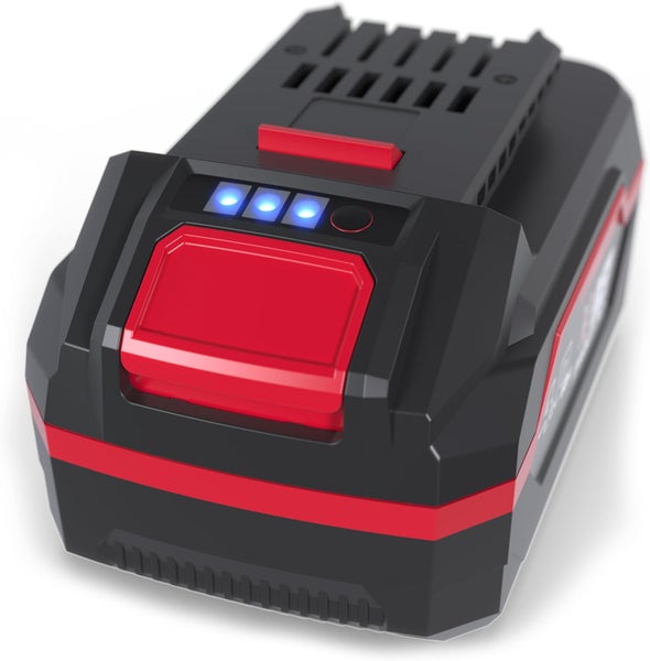 Schwarz-roter Akku für Elektrowerkzeuge mit Ladestandsanzeige und Entriegelungstaste.