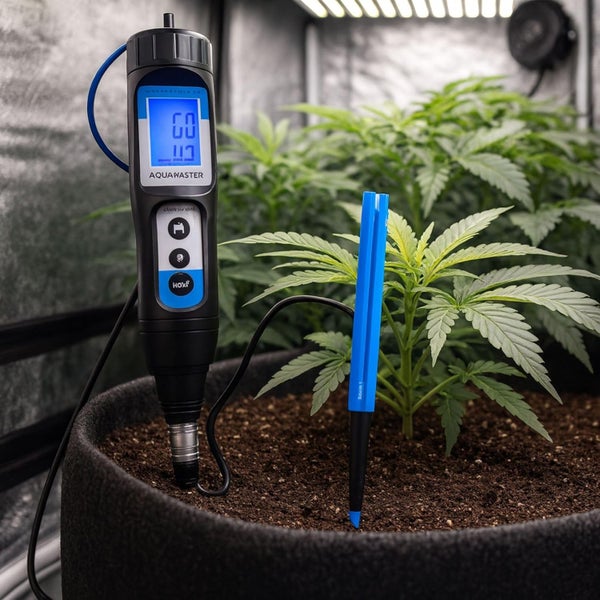 Digitales Aqua Master Tools Messgerät mit Sonde in einem Pflanztopf zur Messung von Bodenparametern in einem Growzelt.