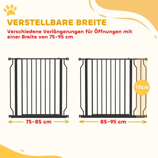Verstellbares Schutzgitter für Breiten von 75 bis 95 Zentimeter durch Verlängerungen, inklusive 10 Zentimeter Erweiterungsteil.