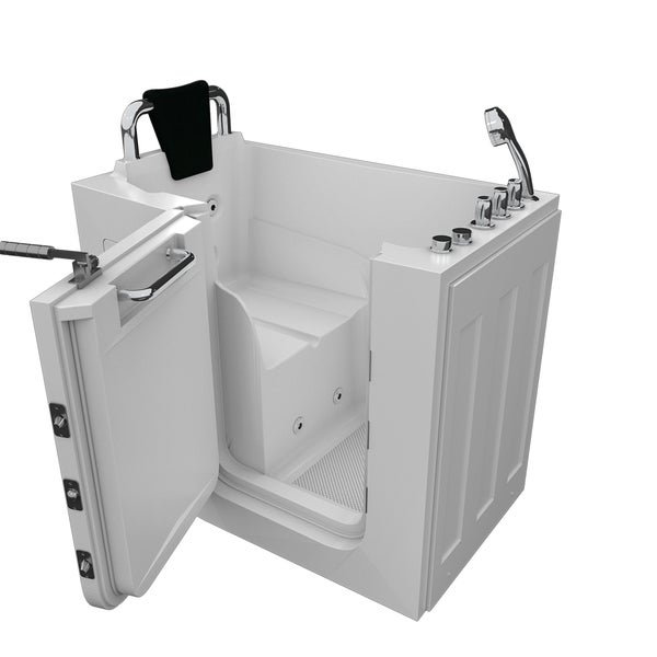 Begehbare Badewanne mit offener Tür, Sitz, Haltegriffen und Duschkopf